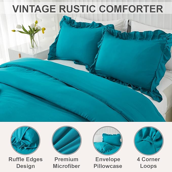 Andency Turquoise Comforter Set Twin Size, 2 Pieces Shabby Chic Ruffle Bed Comforter Set for Kids Boys Girls, All Season Soft Lightweight Solid Down Alternative Bedding Set - LeafyLoom