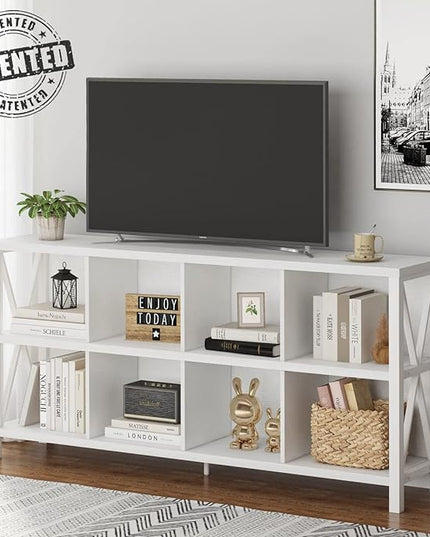 FATORRI 8 Cube Storage Organizer Bookshelf, Rustic Wood Cubby Bookcase, Industrial Horizontal Long Shelf for Living Room (White Oak, 62 Inch) - LeafyLoom