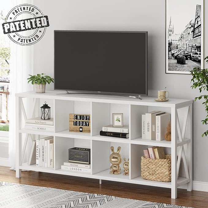 FATORRI 8 Cube Storage Organizer Bookshelf, Rustic Wood Cubby Bookcase, Industrial Horizontal Long Shelf for Living Room (White Oak, 62 Inch) - LeafyLoom
