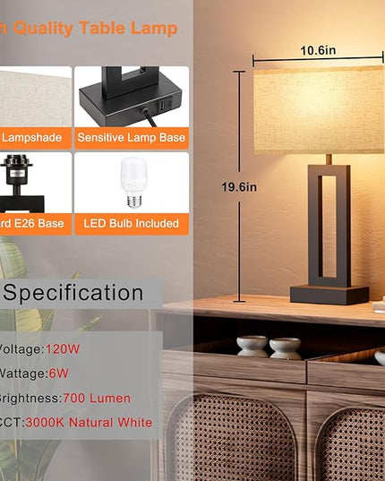 Nightstand Table Lamps for Bedrooms Set of 2 - Touch Bedside Lamp with USB C+A, 3 Way Dimmable Living Room Lamps for End Tables Set of 2, Modern Night Stand Lamps for Bed Side Guest Room(Cream) - LeafyLoom
