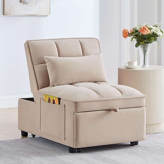 4 in 1 Convertible Sleeper Chair Bed-25" Recliner Pull Out Sofa Bed, Small Futon Couch, Lazy Single Armchair for Temperory Sleeping Gaming Office Napping, Chaise Lounge Sofa for Living Room Bedroom - LeafyLoom
