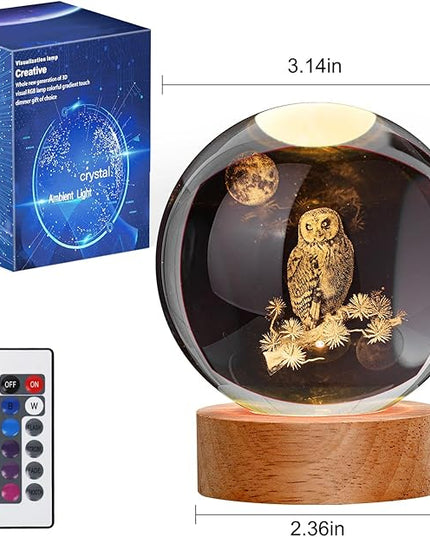 Large 3D Owl Crystal Ball Night Light, Owl Figurines in Crystal Lamp 16 Color Changing with Remote Control for Bedroom Decor, for Teens Boys and Girls, Owl - LeafyLoom