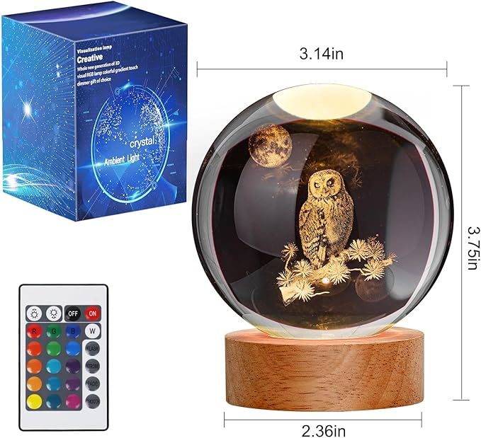 Large 3D Owl Crystal Ball Night Light, Owl Figurines in Crystal Lamp 16 Color Changing with Remote Control for Bedroom Decor, for Teens Boys and Girls, Owl - LeafyLoom