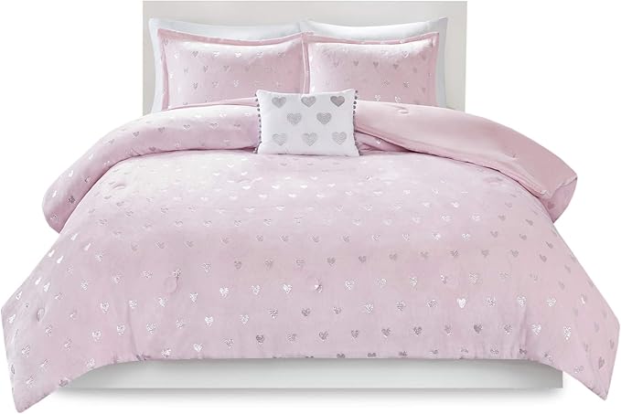 Mi Zone Rosalie Comforter Set for Girls, Ultra-Soft Microlight Plush Metallic Printed Hearts Brushed Reverse Overfilled Down Alternative Hypoallergenic All Season, , Full/Queen, Pink/Silver, 4 Piece - LeafyLoom