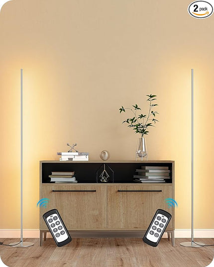EDISHINE LED Corner Floor Lamp, Set of 2 Minimalist Dimmable Light with Remote, 57.5" Tall Slim Sleek Standing Lamp for Living Room, Bedroom, Office, 7 Color Temperature 2700-6000K (Silver) - LeafyLoom