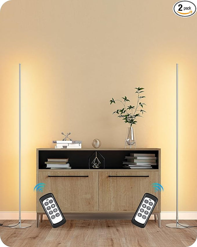 EDISHINE LED Corner Floor Lamp, Set of 2 Minimalist Dimmable Light with Remote, 57.5" Tall Slim Sleek Standing Lamp for Living Room, Bedroom, Office, 7 Color Temperature 2700-6000K (Silver) - LeafyLoom