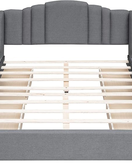 Queen Size Bed Frame with 4 Storage Drawers & Headboard Linen Upholstered Platform Bed Frame Wingback Beds with Sturdy Wooden Slats Support, Easy Assembly, Noise-Free - LeafyLoom