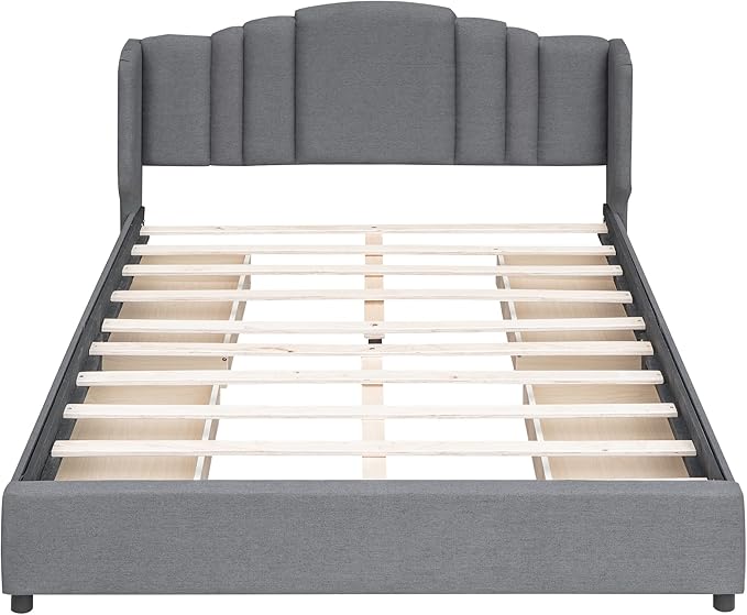 Queen Size Bed Frame with 4 Storage Drawers & Headboard Linen Upholstered Platform Bed Frame Wingback Beds with Sturdy Wooden Slats Support, Easy Assembly, Noise-Free - LeafyLoom