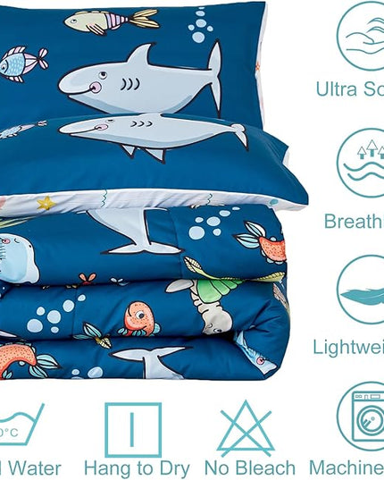 WINLIFE Shark Comforter Set Queen Size for Boys Teen Ocean Themed Fish Turtles Printed Bedding Set, Soft Microfiber Bedding All Season (3Pcs, Queen) - LeafyLoom