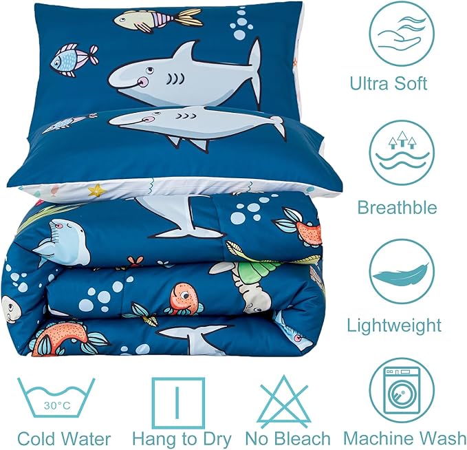WINLIFE Shark Twin Comforter Set for Boys Blue Ocean Theme Printed Bedding Set, Super Soft and Easy Wash Reversible Kids Bed Set 1 Comforter 2 Pillowcases (3-Pieces, Twin) - LeafyLoom