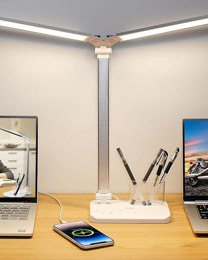iVict Dual Swing Arm LED Desk Lamps, 5 Light Modes x 10 Brightness Levels Desk Light with USB Charging Port, 45 Minutes Auto Timer Table Lamp, Desk Lamp for Home Office, Bedroom, Reading/Study - LeafyLoom