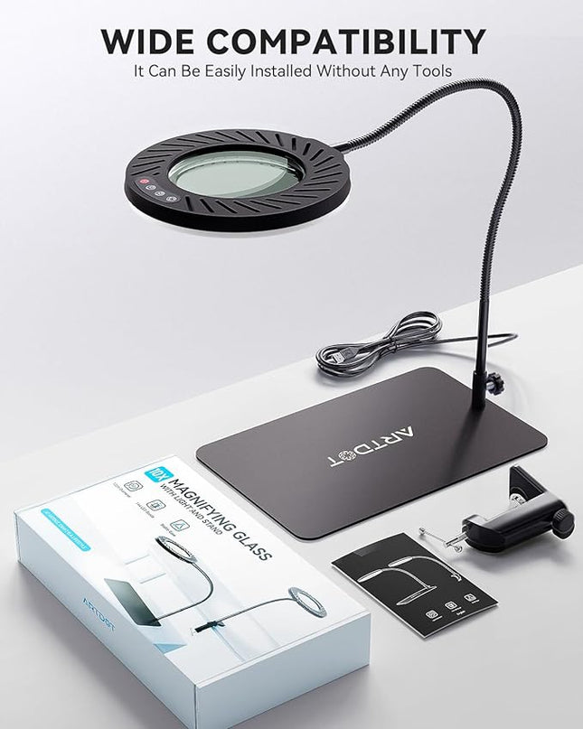 ARTDOT 10X Magnifying Glass with Light and Stand, 144 LEDs Desk Lamp with 5 Color Temperatures and 9 Levels Adjustable Brightness for Diamond Painting Accessories Crafts Reading Hobbies Close Work - LeafyLoom
