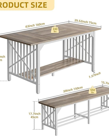 DWVO 3-Piece Dining Table Set for 4-6 People, 63" Dining Room Table with 2 Benches, Industrial Rectangular Dining Room Table Set with Storage for Kitchen, Dining Room, Washed Grey - LeafyLoom
