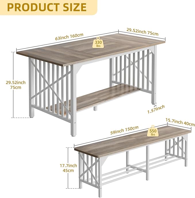 DWVO 3-Piece Dining Table Set for 4-6 People, 63" Dining Room Table with 2 Benches, Industrial Rectangular Dining Room Table Set with Storage for Kitchen, Dining Room, Washed Grey - LeafyLoom