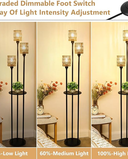 Dimmable Boho Floor Lamps for Living Room, 3-Lights Farmhouse Floor Lamp with 3-Way Foot Switch, Rattan Floor Lamp with Shelves, Rustic Standing Lamp with Rattan Shades, Tall Lamps for Bedroom - LeafyLoom