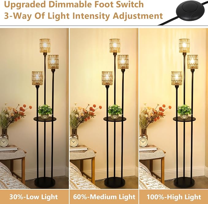 Dimmable Boho Floor Lamps for Living Room, 3-Lights Farmhouse Floor Lamp with 3-Way Foot Switch, Rattan Floor Lamp with Shelves, Rustic Standing Lamp with Rattan Shades, Tall Lamps for Bedroom - LeafyLoom