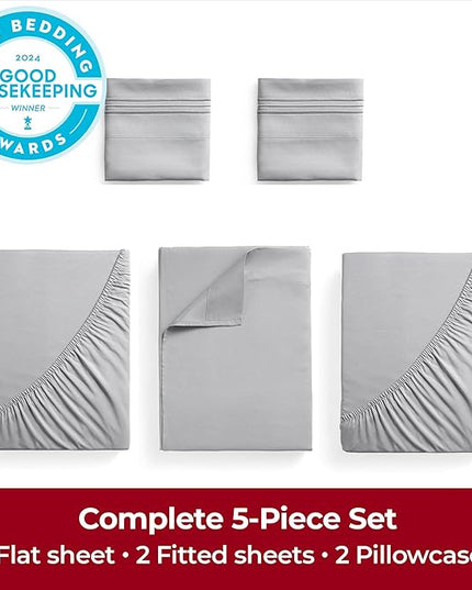 Mellanni Extra Deep Split King Sheets - 5 PC Iconic Collection Bedding Sheets & Pillowcases - Hotel Luxury, Ultra Soft, Cooling Bed Sheets - Extra Deep Pocket up to 21 inch (Split King, Light Gray) - LeafyLoom