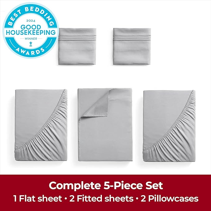 Mellanni Extra Deep Split King Sheets - 5 PC Iconic Collection Bedding Sheets & Pillowcases - Hotel Luxury, Ultra Soft, Cooling Bed Sheets - Extra Deep Pocket up to 21 inch (Split King, Light Gray) - LeafyLoom