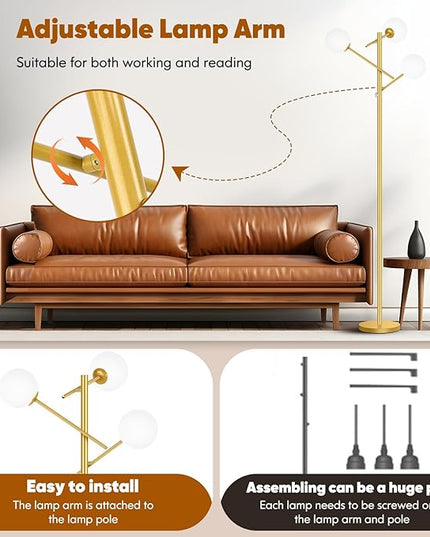 Dimmable Floor Lamp for Living Room, 67” Gold Standing Lamp with 3 Globe Glass Shade, Modern Tall Lamp, Adjustable 3-Light Tree Pole Lamp, Brass Corner Lamp for Bedroom Office Hotel, 3 Bulbs Included - LeafyLoom