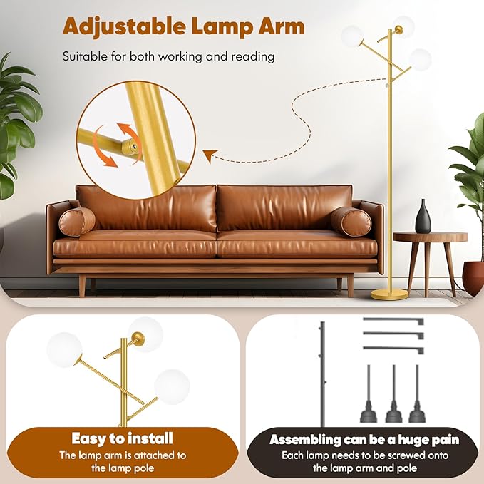 Dimmable Floor Lamp for Living Room, 67” Gold Standing Lamp with 3 Globe Glass Shade, Modern Tall Lamp, Adjustable 3-Light Tree Pole Lamp, Brass Corner Lamp for Bedroom Office Hotel, 3 Bulbs Included - LeafyLoom