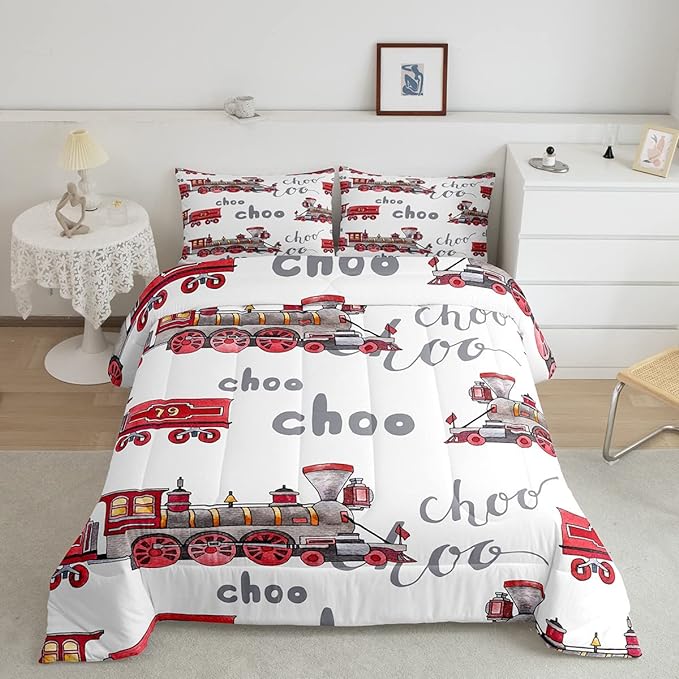 Cartoon Car Bedding Set Kids Train Comforter Set Boys Girls Choo-Choo Rail Roads Tracks Decor Comforter Microfiber Train Construction Duvet Set Bedroom Quilt Set Full Size - LeafyLoom
