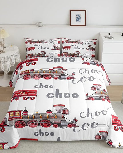Feelyou Cartoon Car Bedding Set Kids Train Comforter Set Boys Girls Choo-Choo Rail Roads Tracks Decor Comforter Microfiber Train Construction Duvet Set Bedroom Quilt Set Queen Size - LeafyLoom