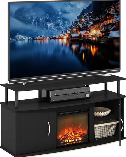 Furinno Jensen Living Room Fireplace TV Entertainment Center with Doors Storage Cabinet for TV up to 55 Inch, Americano/Black - LeafyLoom