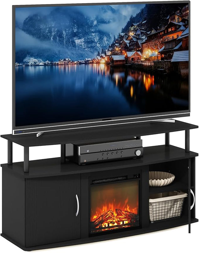 Furinno Jensen Living Room Fireplace TV Entertainment Center with Doors Storage Cabinet for TV up to 55 Inch, Americano/Black - LeafyLoom