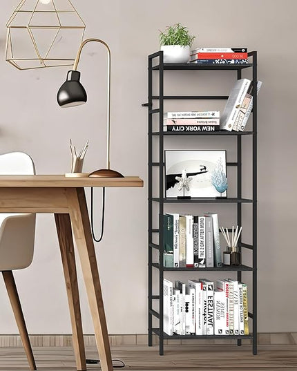 CADUKE Black Tall Bookcase 5 Tier Book Shelf for Bedroom Industrial Bookshelf with Storage Book Shelves for Kids Room Standing Office Bookshelves and Bookcases for Bedroom Living Room - LeafyLoom