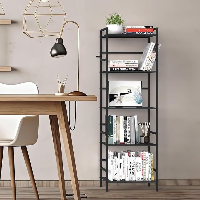 CADUKE Black Tall Bookcase 5 Tier Book Shelf for Bedroom Industrial Bookshelf with Storage Book Shelves for Kids Room Standing Office Bookshelves and Bookcases for Bedroom Living Room - LeafyLoom