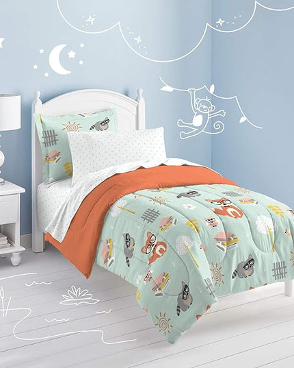 dream FACTORY Kids 5-Piece Complete Set Easy-Wash Super Soft Microfiber Comforter Bedding, Twin, Green Woodland Friends - LeafyLoom