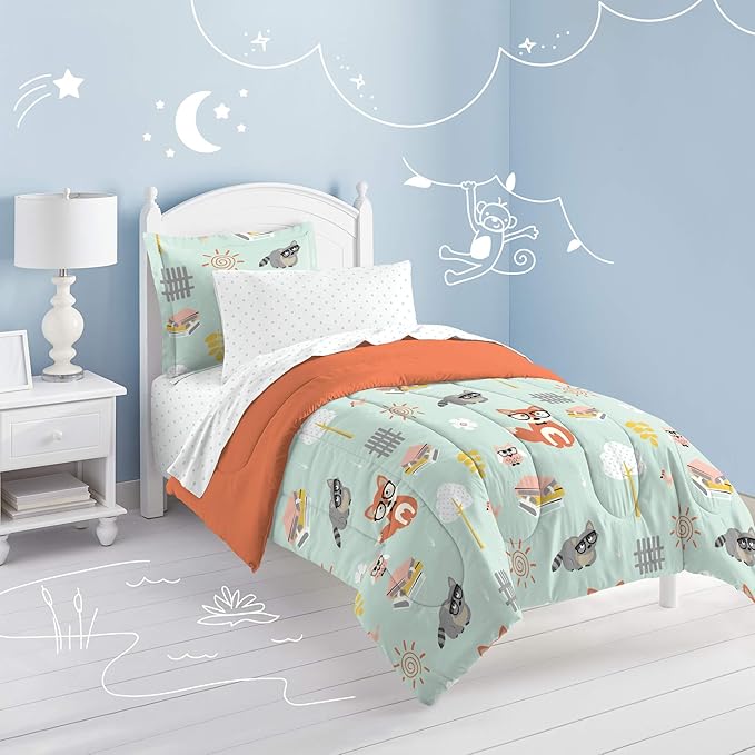 dream FACTORY Kids 5-Piece Complete Set Easy-Wash Super Soft Microfiber Comforter Bedding, Twin, Green Woodland Friends - LeafyLoom
