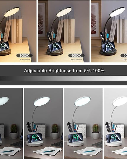 comzler LED Desk Lamp with Wireless Charger Pen Phone Holder, Black Desk Lamp for Home Office, Dimmable Desk Light 3 Color Modes, College Dorm Study Lamp for College Dorm, CRI 90 800 Lumen - LeafyLoom