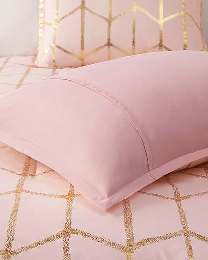 Intelligent Design Raina Twin / Twin XL Comforter Set, Soft Microfiber Comforter Set Twin, Modern Geometric Metallic Bed Set, 4 Pieces College Bedding Comforter Set with 1 Sham, 2 Toss Pillows Blush - LeafyLoom