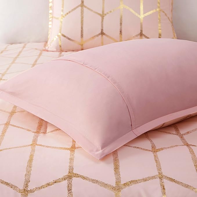 Intelligent Design Raina Twin / Twin XL Comforter Set, Soft Microfiber Comforter Set Twin, Modern Geometric Metallic Bed Set, 4 Pieces College Bedding Comforter Set with 1 Sham, 2 Toss Pillows Blush - LeafyLoom