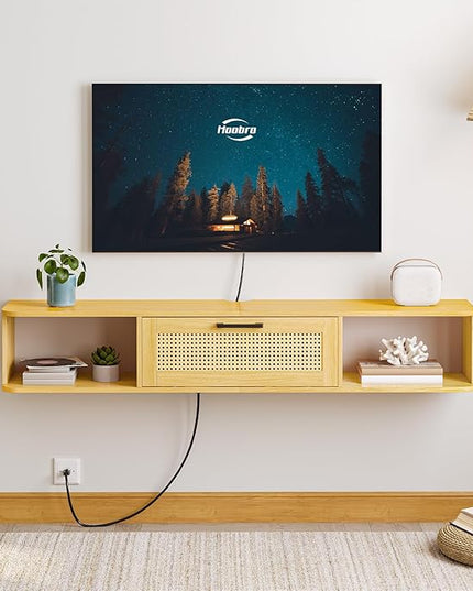 HOOBRO Floating TV Stand for TV up to 65 inches, Wall-Mounted TV Cabinet with 4 Power Outlet, Floating Entertainment Center TV Media Console Shelves with Rattan Flip-Down-Door, Natural NL140UDS01 - LeafyLoom