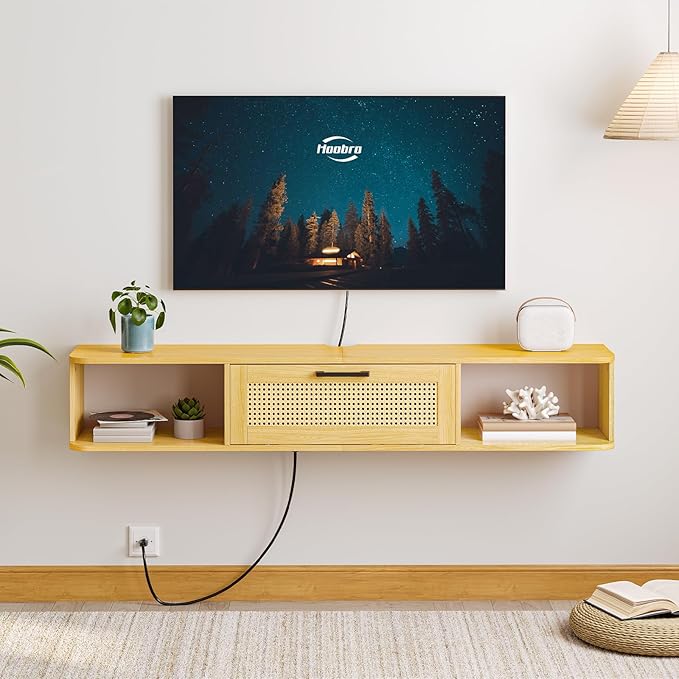 HOOBRO Floating TV Stand for TV up to 65 inches, Wall-Mounted TV Cabinet with 4 Power Outlet, Floating Entertainment Center TV Media Console Shelves with Rattan Flip-Down-Door, Natural NL140UDS01 - LeafyLoom