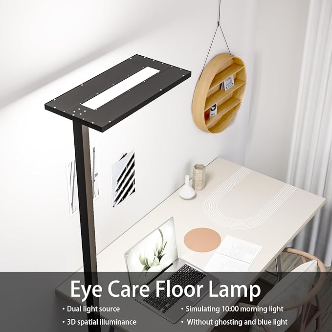 STERREN Eye-Care Led Floor Lamp,76'' Tall Office Floor Lamp, 80W Black Modern Free-Standing Lamp,10000LM Bright Reading Lamp for Study Room,Living Room,Meeting Room,4000K - LeafyLoom