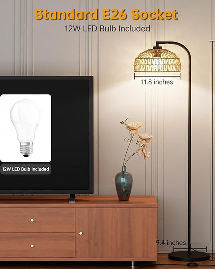 Boho Floor Lamp for Living Room,Rattan Floor Lamps with Remote,3 Color Temperature and Stepless Dimmable,Farmhouse Standing Lamps for Bedroom,Office with Handmade Lampshade,12W Smart Bulb Included - LeafyLoom