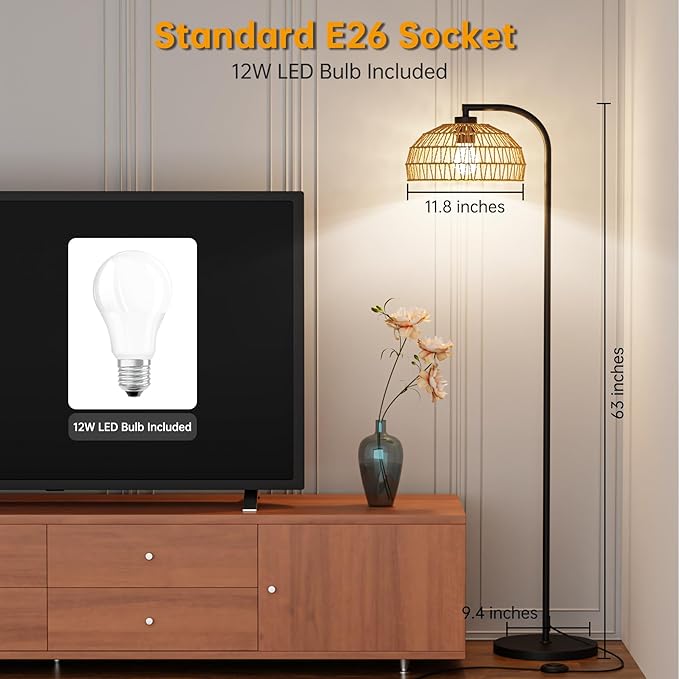 Boho Floor Lamp for Living Room,Rattan Floor Lamps with Remote,3 Color Temperature and Stepless Dimmable,Farmhouse Standing Lamps for Bedroom,Office with Handmade Lampshade,12W Smart Bulb Included - LeafyLoom