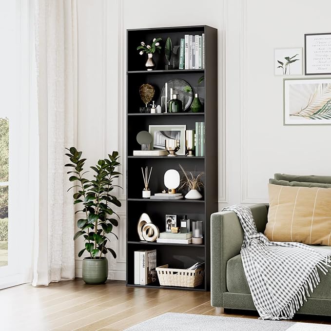FOTOSOK 6-Tier Open Bookcase and Bookshelf, Freestanding Display Storage Shelves Tall Bookcase for Bedroom, Living Room and Office, Black - LeafyLoom