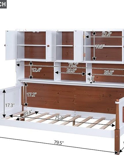 Twin Size Platform Bed with Multiple Storage, No Box Spring Required,Easy to Assemble,Wood Bed Frame for Bedroom/Apartment/Guest-Room,White+Walnut - LeafyLoom