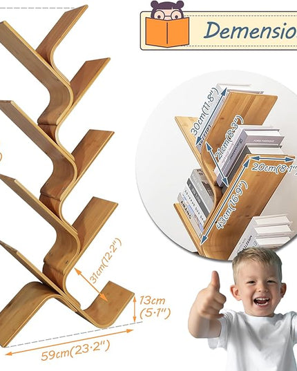 Bamboo Tree Bookshelf, 8-Tier Wood Bookcase, Free Standing Book Organizer Shelves, Books/Albums/Files Holder Display Storage Rack Space Saver for Living Room Bedroom-Log 55x23x5inch - LeafyLoom