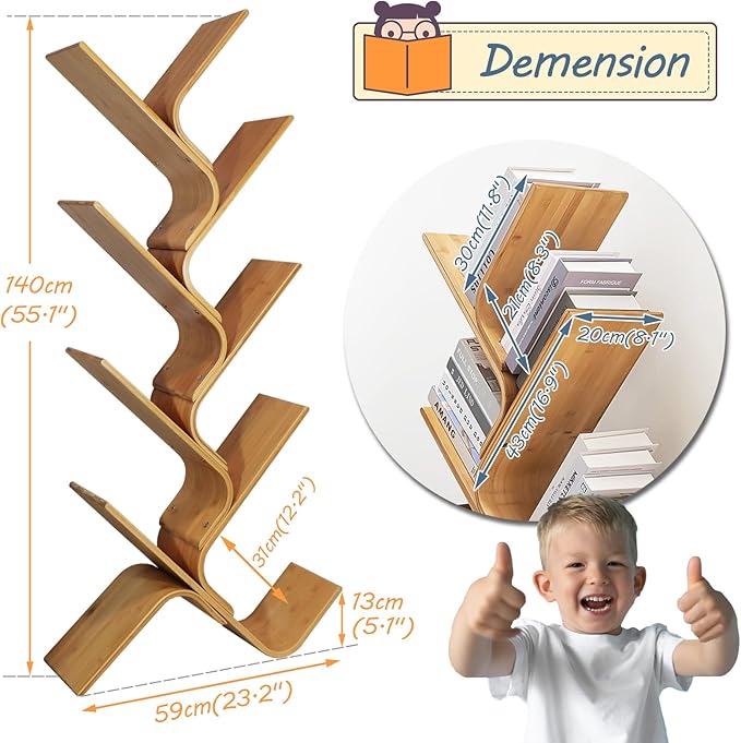 Bamboo Tree Bookshelf, 8-Tier Wood Bookcase, Free Standing Book Organizer Shelves, Books/Albums/Files Holder Display Storage Rack Space Saver for Living Room Bedroom-Log 55x23x5inch - LeafyLoom