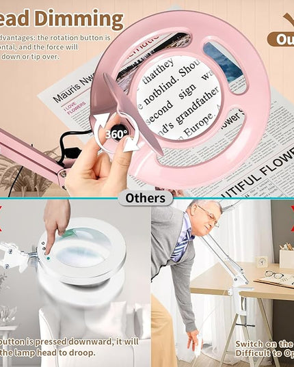 HITTI 2200 Lumens 10X Magnifying Glass with Light and Stand, 24W Super Bright Esthetician Light Magnifier, Stepless Dimmable Hands Free Magnfiying Lamp for Workbench Craft Painting Nail Hobby - Pink - LeafyLoom