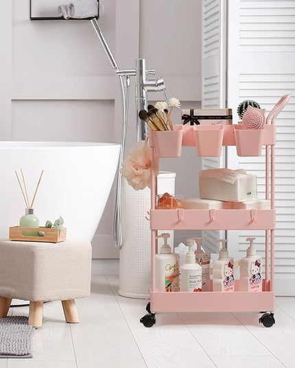 danpinera Slim Storage Cart, 3 Tier Narrow Rolling Cart on Wheels Bathroom Organizer Cart with Dividers Handle Hanging Cups Hooks for Laundry Room Kitchen Small Spaces, Pink - LeafyLoom