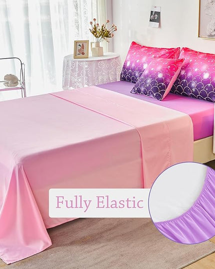 URBONUR Purple Glitter Comforter Set Full Size for Girls 6 Piece Bed in A Bag Comforter with Sheets Set, Gradient Pink Purple Sparkle Mermaid Fish Scales Bedding Comforter Set - LeafyLoom