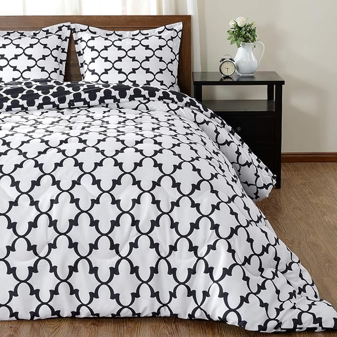 downluxe Printed Queen Comforter Set - Black Queen Comforter, Soft Bedding Sets for All Seasons -3 Pieces - 1 Comforter (88"x92") and 2 Pillow Shams(20"x26") - LeafyLoom