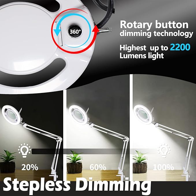 10X Magnifying Glass with Light, KIRKAS 2,200 Lumens LED Magnifying Lamp with Clamp, Stepless Dimmable Real Glass Lens Magnifier, Adjustable Arm Workbench Light for Close Work Hobby Repair - White - LeafyLoom