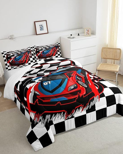 Red Race Car Bedding Set King Size Cool Racing Car Comforter Set Competition Extreme Sports Game Down Comforter for Kids Boys Girls Teens Bedroom Decor Plaid Pattern Duvet Insert with 2 Pillowcases - LeafyLoom